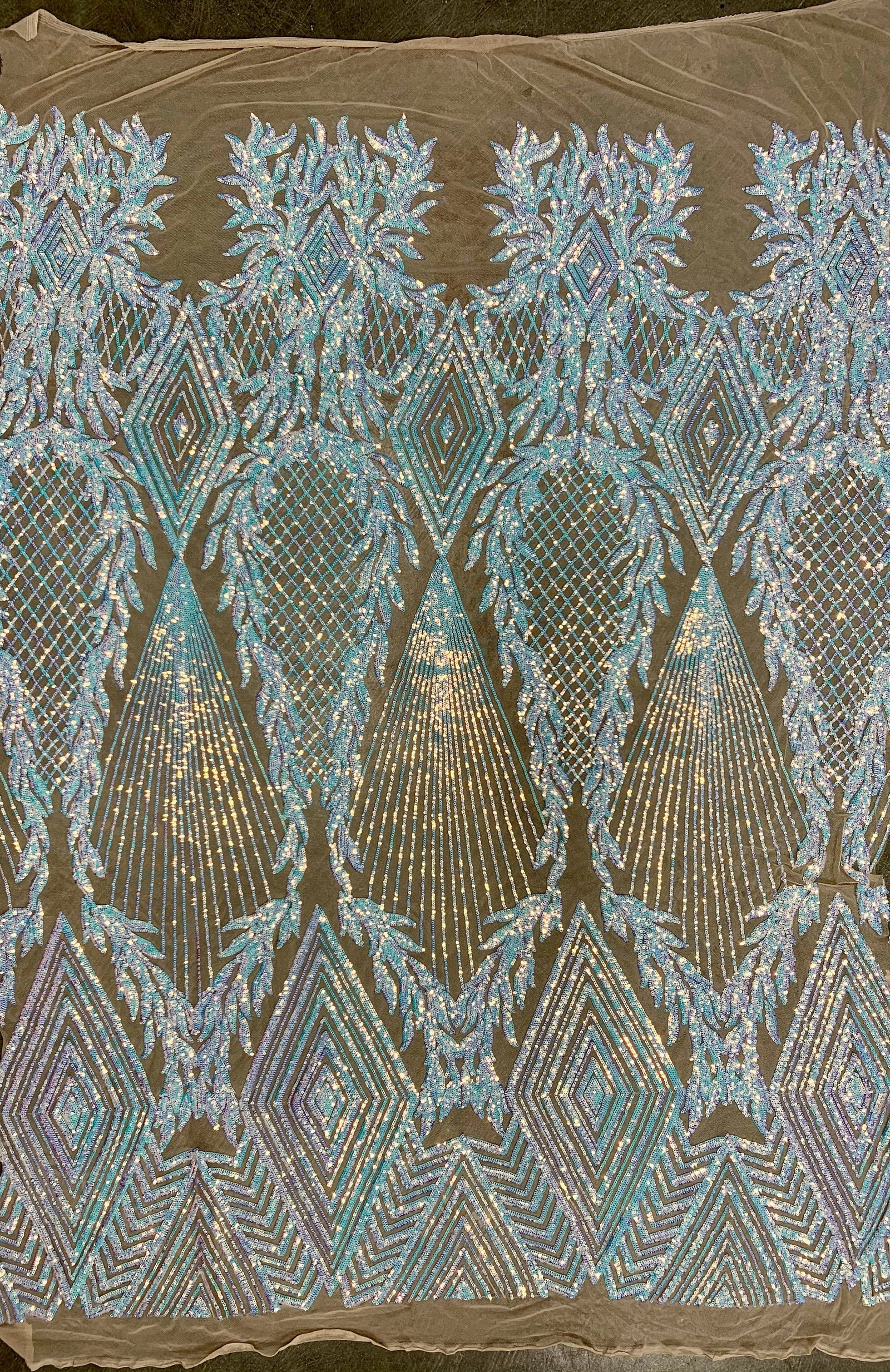 Francesca Iridescent WHITE BLUE Vines and Diamonds Pattern Sequins on NUDE Mesh Lace Fabric by the Yard - 10130