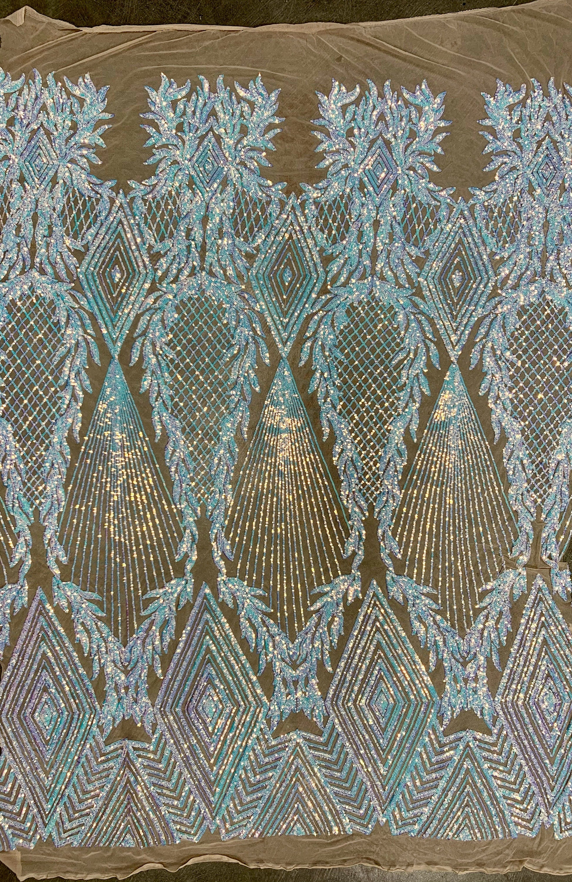 Francesca Iridescent WHITE BLUE Vines and Diamonds Pattern Sequins on NUDE Mesh Lace Fabric by the Yard - 10130