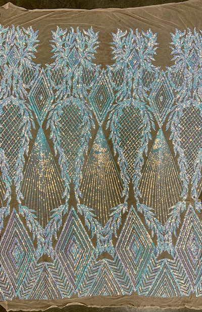 Francesca Iridescent WHITE BLUE Vines and Diamonds Pattern Sequins on NUDE Mesh Lace Fabric by the Yard - 10130