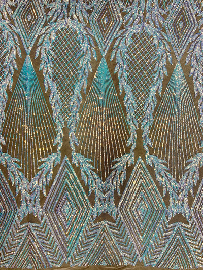 Francesca Iridescent WHITE BLUE Vines and Diamonds Pattern Sequins on NUDE Mesh Lace Fabric by the Yard - 10130