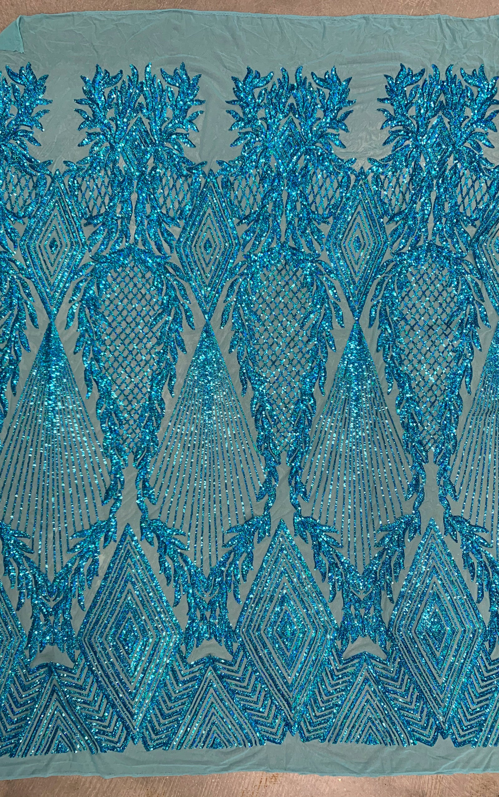 Francesca IRIDESCENT TURQUOISE Vines and Diamonds Pattern Sequins on Mesh Lace Fabric by the Yard - 10130