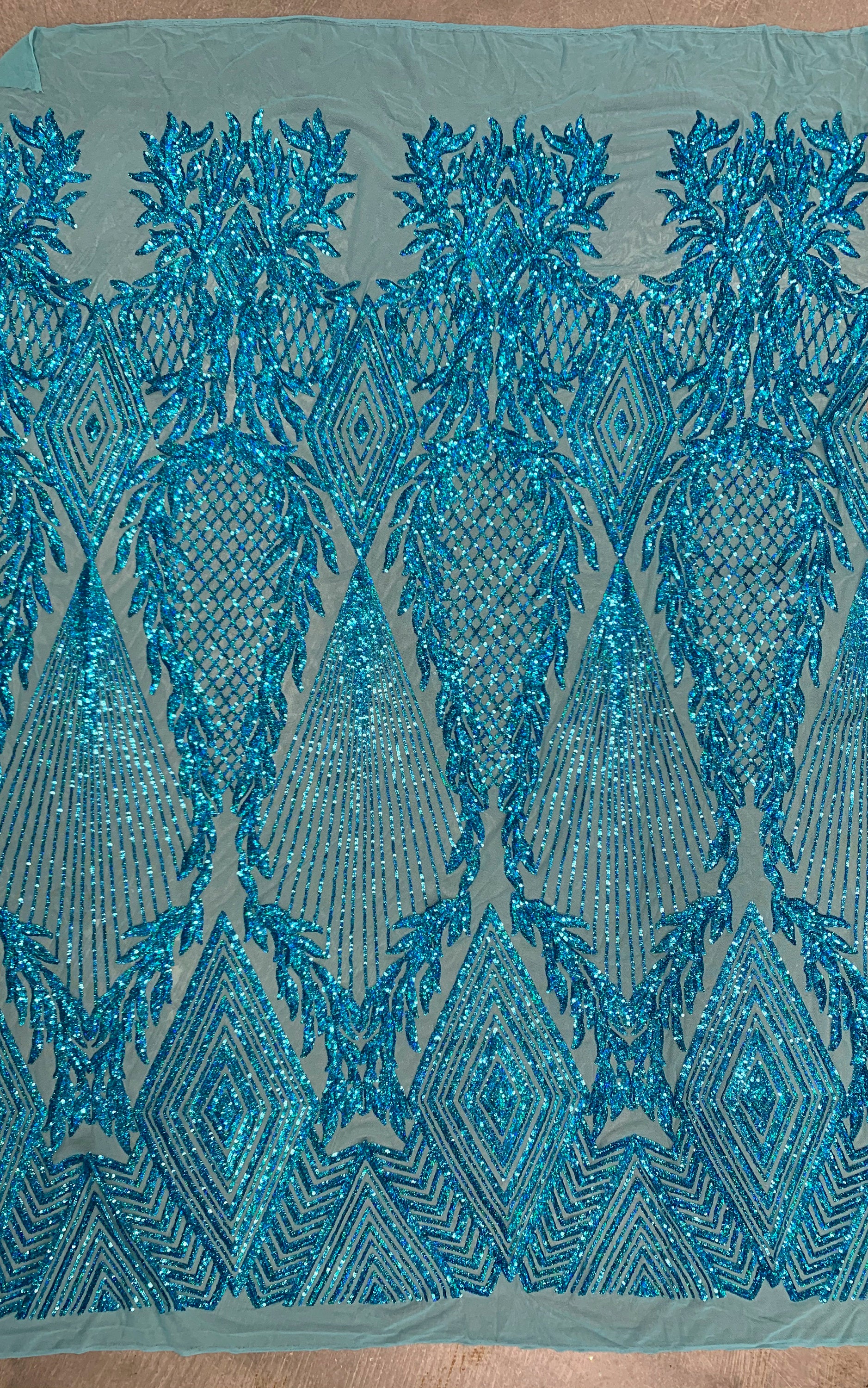 Francesca IRIDESCENT TURQUOISE Vines and Diamonds Pattern Sequins on Mesh Lace Fabric by the Yard - 10130