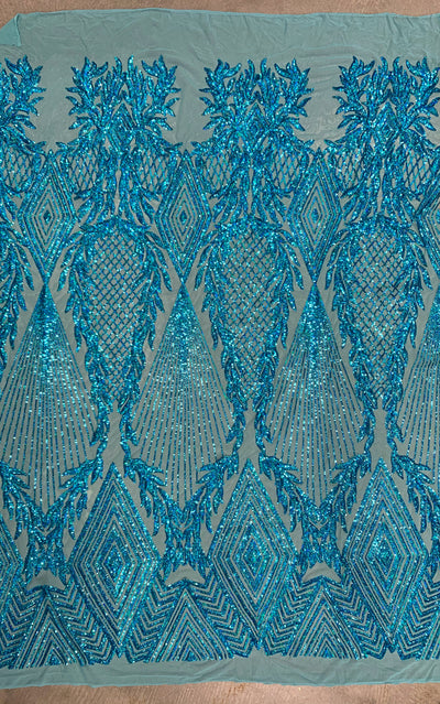 Francesca IRIDESCENT TURQUOISE Vines and Diamonds Pattern Sequins on Mesh Lace Fabric by the Yard - 10130