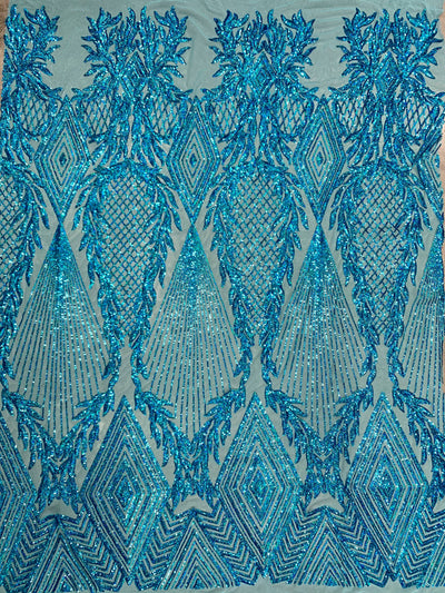 Francesca IRIDESCENT TURQUOISE Vines and Diamonds Pattern Sequins on Mesh Lace Fabric by the Yard - 10130