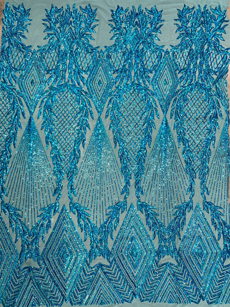 Francesca IRIDESCENT TURQUOISE Vines and Diamonds Pattern Sequins on Mesh Lace Fabric by the Yard - 10130