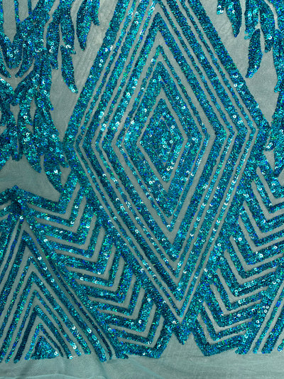 Francesca IRIDESCENT TURQUOISE Vines and Diamonds Pattern Sequins on Mesh Lace Fabric by the Yard - 10130