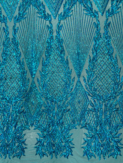 Francesca IRIDESCENT TURQUOISE Vines and Diamonds Pattern Sequins on Mesh Lace Fabric by the Yard - 10130