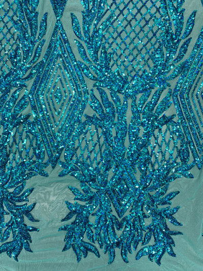 Francesca IRIDESCENT TURQUOISE Vines and Diamonds Pattern Sequins on Mesh Lace Fabric by the Yard - 10130
