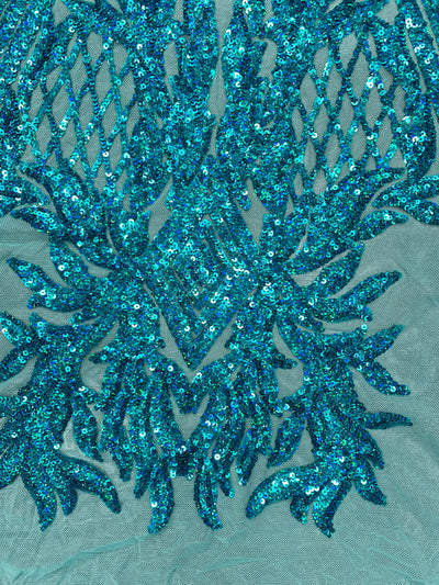 Francesca IRIDESCENT TURQUOISE Vines and Diamonds Pattern Sequins on Mesh Lace Fabric by the Yard - 10130