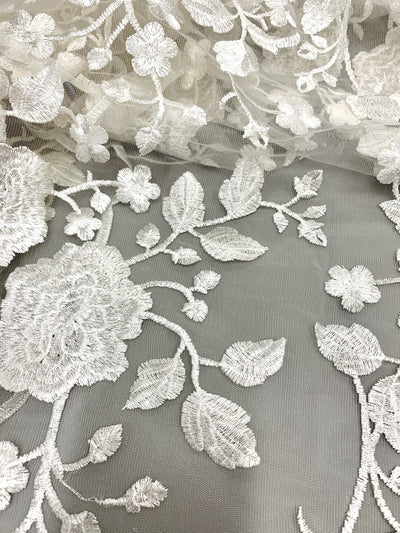 Iris IVORY Floral and Leaves Embroidery on WHITE Mesh Lace Fabric by the Yard - 10006
