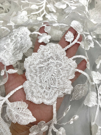 Iris IVORY Floral and Leaves Embroidery on WHITE Mesh Lace Fabric by the Yard - 10006