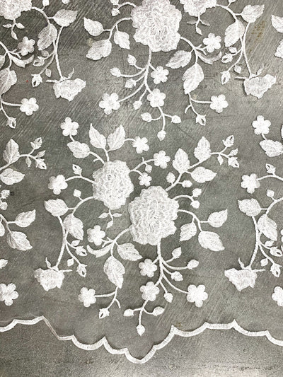 Iris IVORY Floral and Leaves Embroidery on WHITE Mesh Lace Fabric by the Yard - 10006