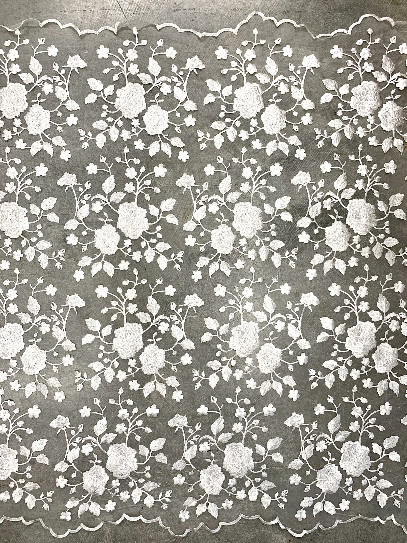 Iris IVORY Floral and Leaves Embroidery on WHITE Mesh Lace Fabric by the Yard - 10006