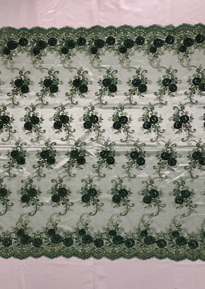 Ryleigh HUNTER GREEN 3D Floral Embroidery with Gold Foil & Sequins on Mesh Lace Fabric by the Yard - 10010