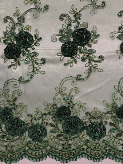 Ryleigh HUNTER GREEN 3D Floral Embroidery with Gold Foil & Sequins on Mesh Lace Fabric by the Yard - 10010