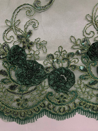 Ryleigh HUNTER GREEN 3D Floral Embroidery with Gold Foil & Sequins on Mesh Lace Fabric by the Yard - 10010