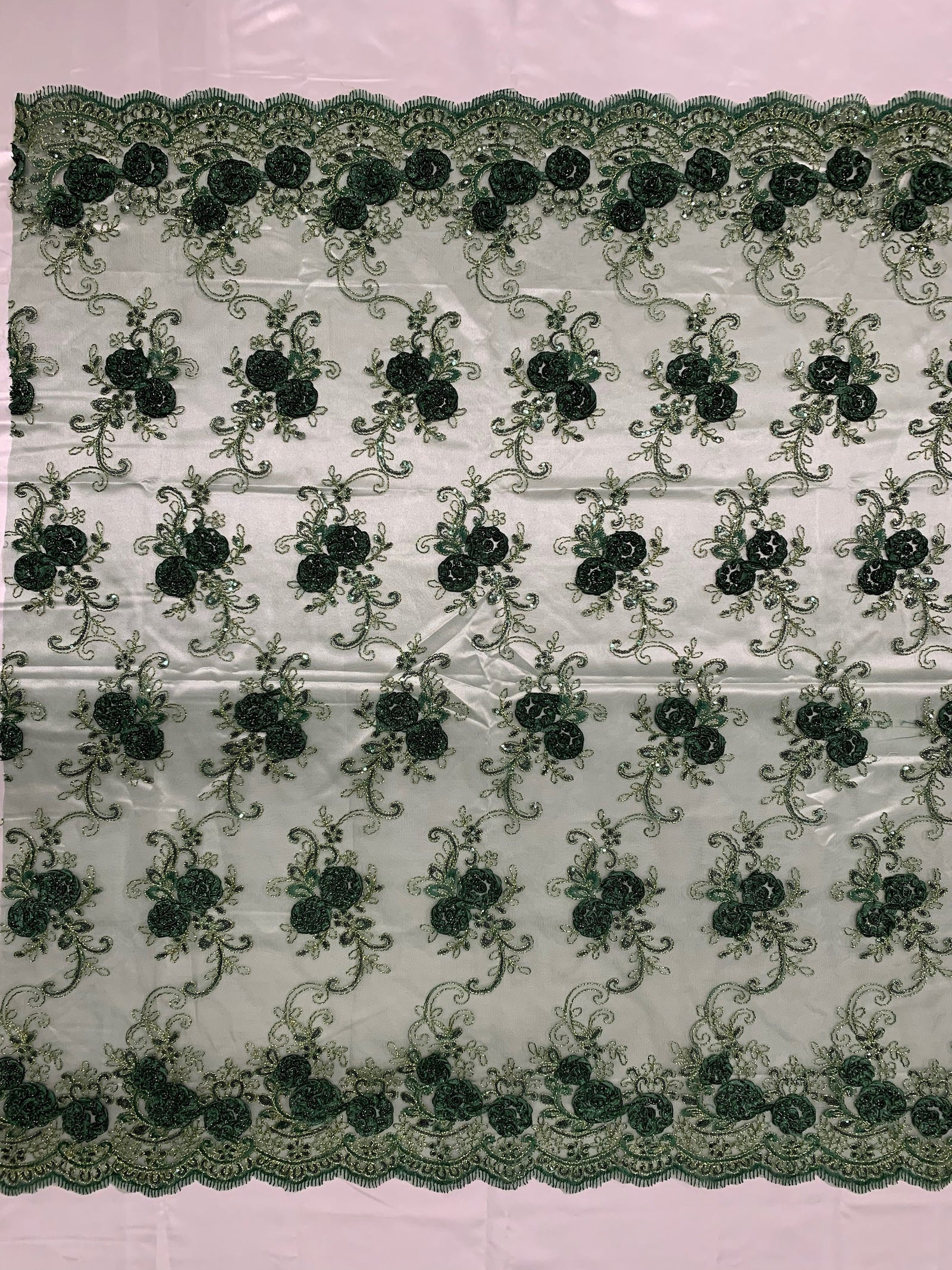 Ryleigh HUNTER GREEN 3D Floral Embroidery with Gold Foil & Sequins on Mesh Lace Fabric by the Yard - 10010