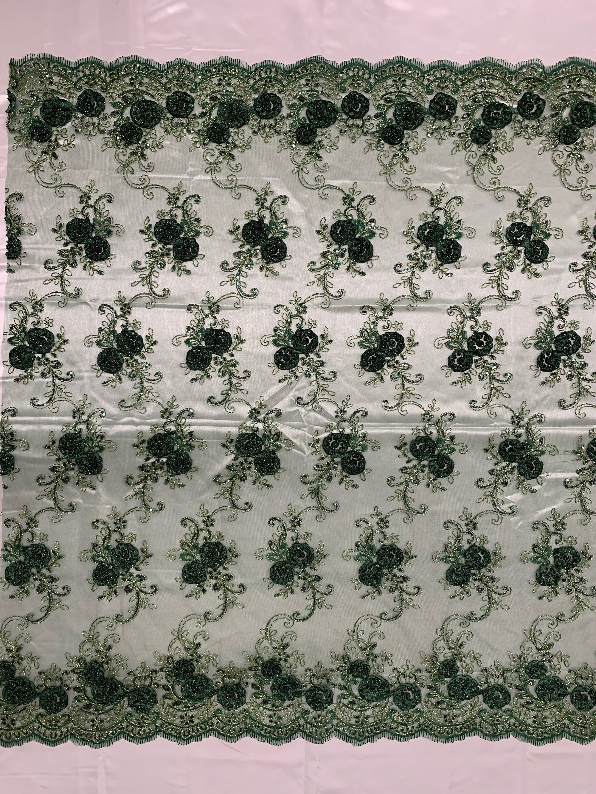 Ryleigh HUNTER GREEN 3D Floral Embroidery with Gold Foil & Sequins on Mesh Lace Fabric by the Yard - 10010