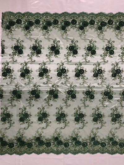 Ryleigh HUNTER GREEN 3D Floral Embroidery with Gold Foil & Sequins on Mesh Lace Fabric by the Yard - 10010