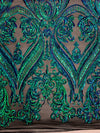 Alaina IRIDESCENT GREEN BLUE Mermaid Curlicue Sequins on Mesh Lace Fabric by the Yard - 10018