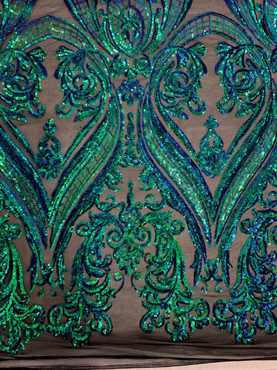 Alaina IRIDESCENT GREEN BLUE Mermaid Curlicue Sequins on Mesh Lace Fabric by the Yard - 10018