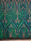 Alaina IRIDESCENT GREEN BLUE Mermaid Curlicue Sequins on Mesh Lace Fabric by the Yard - 10018
