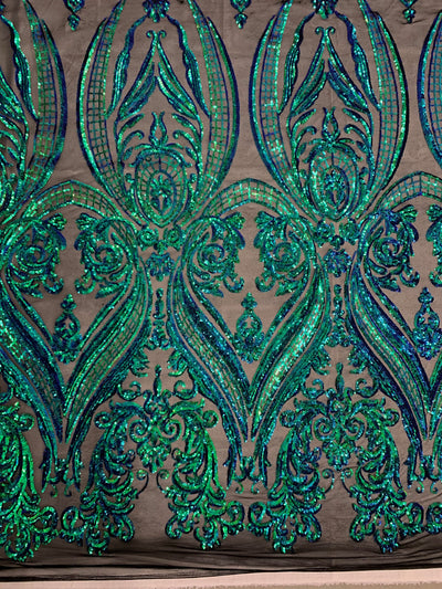 Alaina IRIDESCENT GREEN BLUE Mermaid Curlicue Sequins on Mesh Lace Fabric by the Yard - 10018