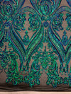 Alaina IRIDESCENT GREEN BLUE Mermaid Curlicue Sequins on Mesh Lace Fabric by the Yard - 10018
