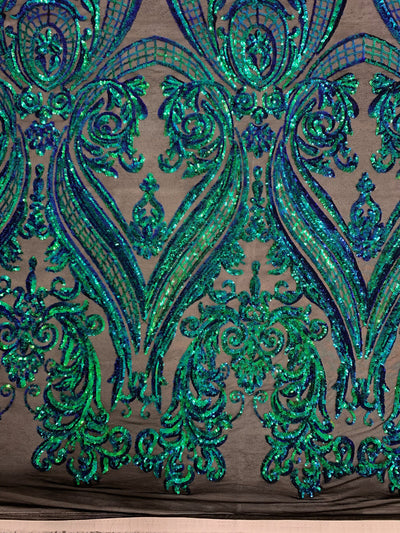 Alaina IRIDESCENT GREEN BLUE Mermaid Curlicue Sequins on Mesh Lace Fabric by the Yard - 10018