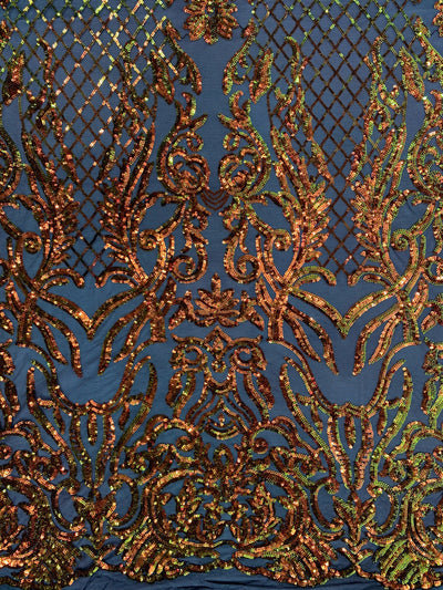 Phoebe Iridescent ORANGE GOLD Sequins on BLACK Mesh Lace Fabric by the Yard - 10062