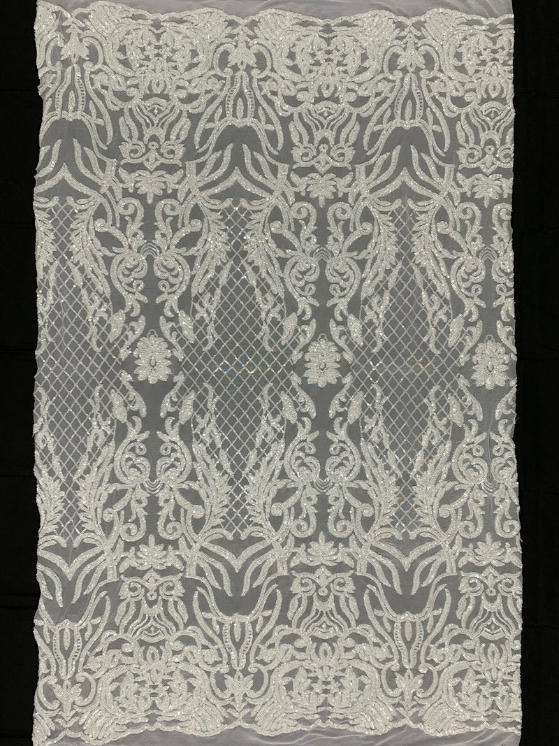 Phoebe WHITE Sequins on Mesh Lace Fabric by the Yard - 10062