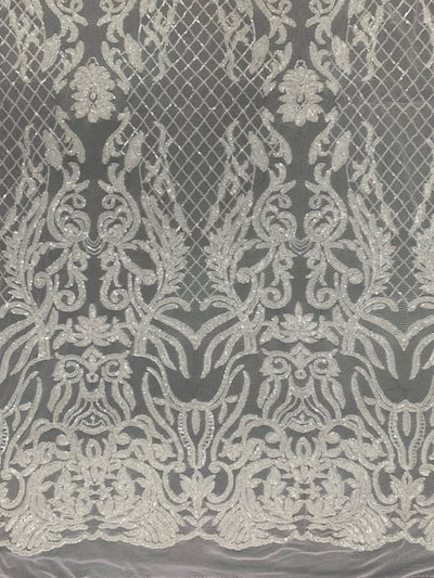 Phoebe WHITE Sequins on Mesh Lace Fabric by the Yard - 10062