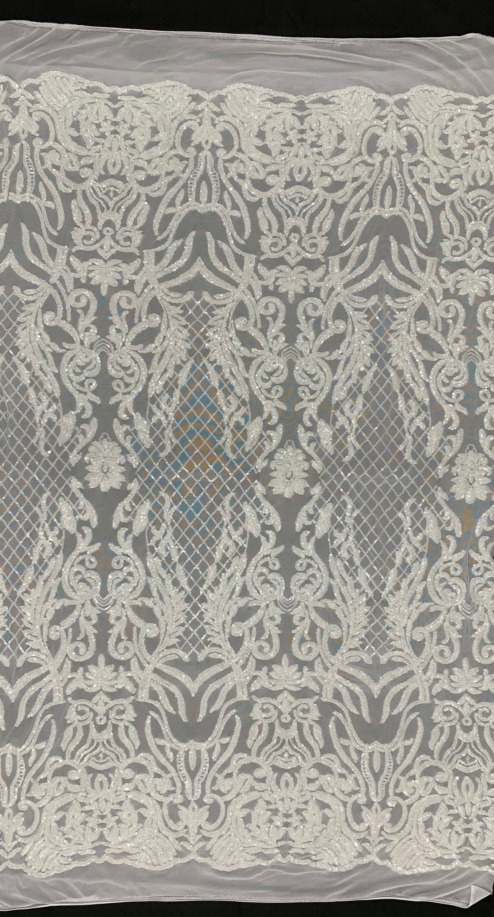 Phoebe WHITE Sequins on Mesh Lace Fabric by the Yard - 10062