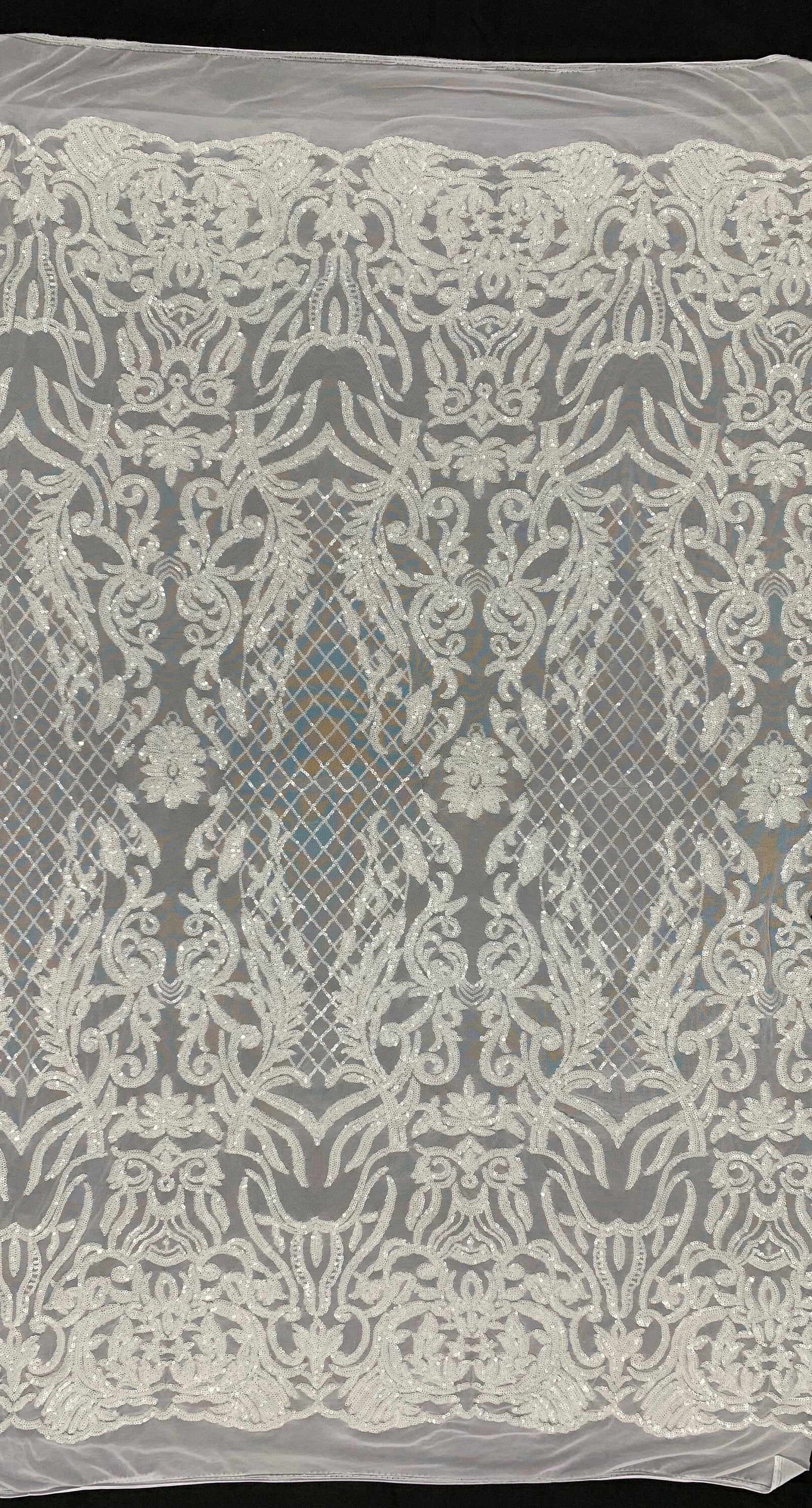 Phoebe WHITE Sequins on Mesh Lace Fabric by the Yard - 10062