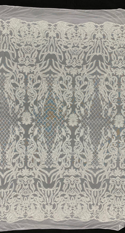Phoebe WHITE Sequins on Mesh Lace Fabric by the Yard - 10062