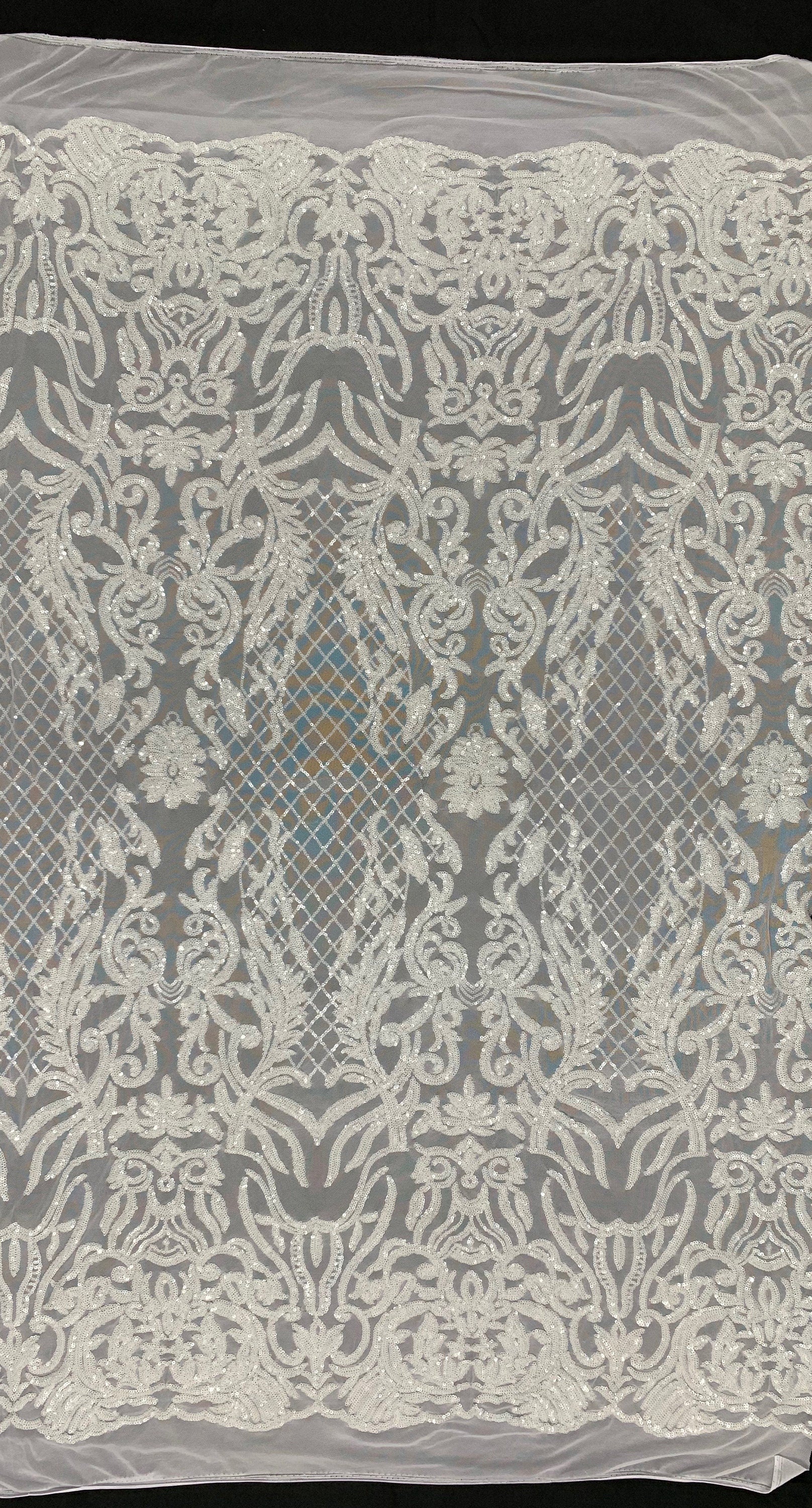 Phoebe WHITE Sequins on Mesh Lace Fabric by the Yard - 10062
