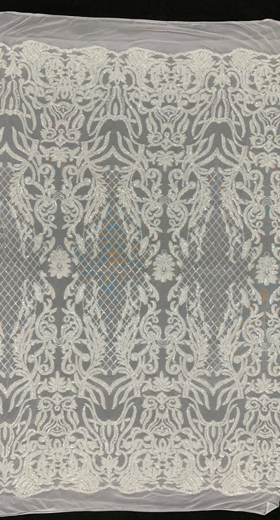 Phoebe WHITE Sequins on Mesh Lace Fabric by the Yard - 10062