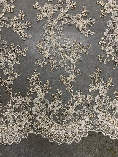 Melody CREAM Polyester Floral Embroidery with Sequins on Mesh Lace Fabric by the Yard for Gown, Wedding, Bridesmaid, Prom - 10002
