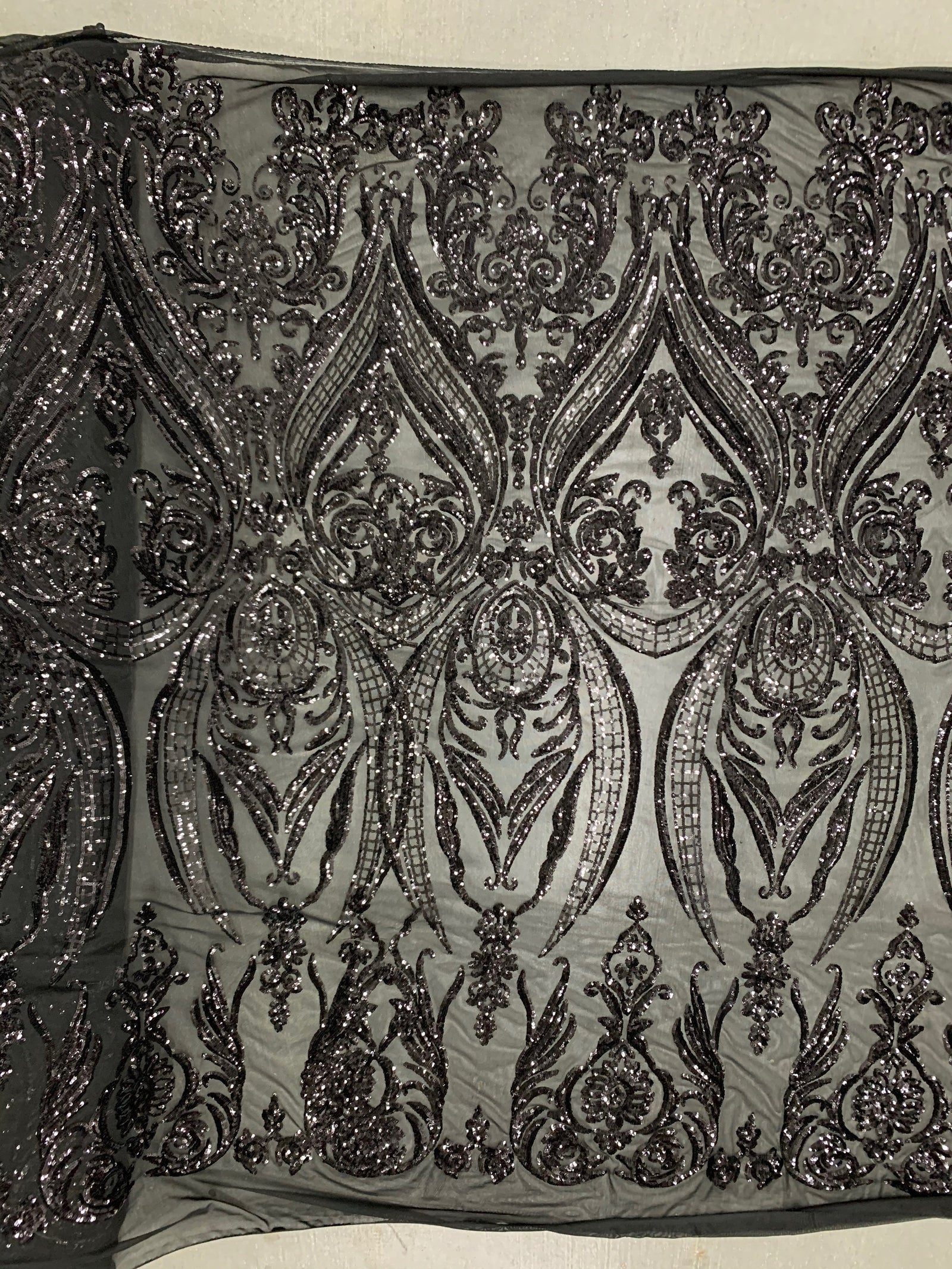 Alaina BLACK Curlicue Sequins on Mesh Lace Fabric by the Yard - 10018