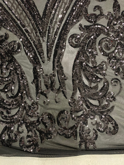 Alaina BLACK Curlicue Sequins on Mesh Lace Fabric by the Yard - 10018