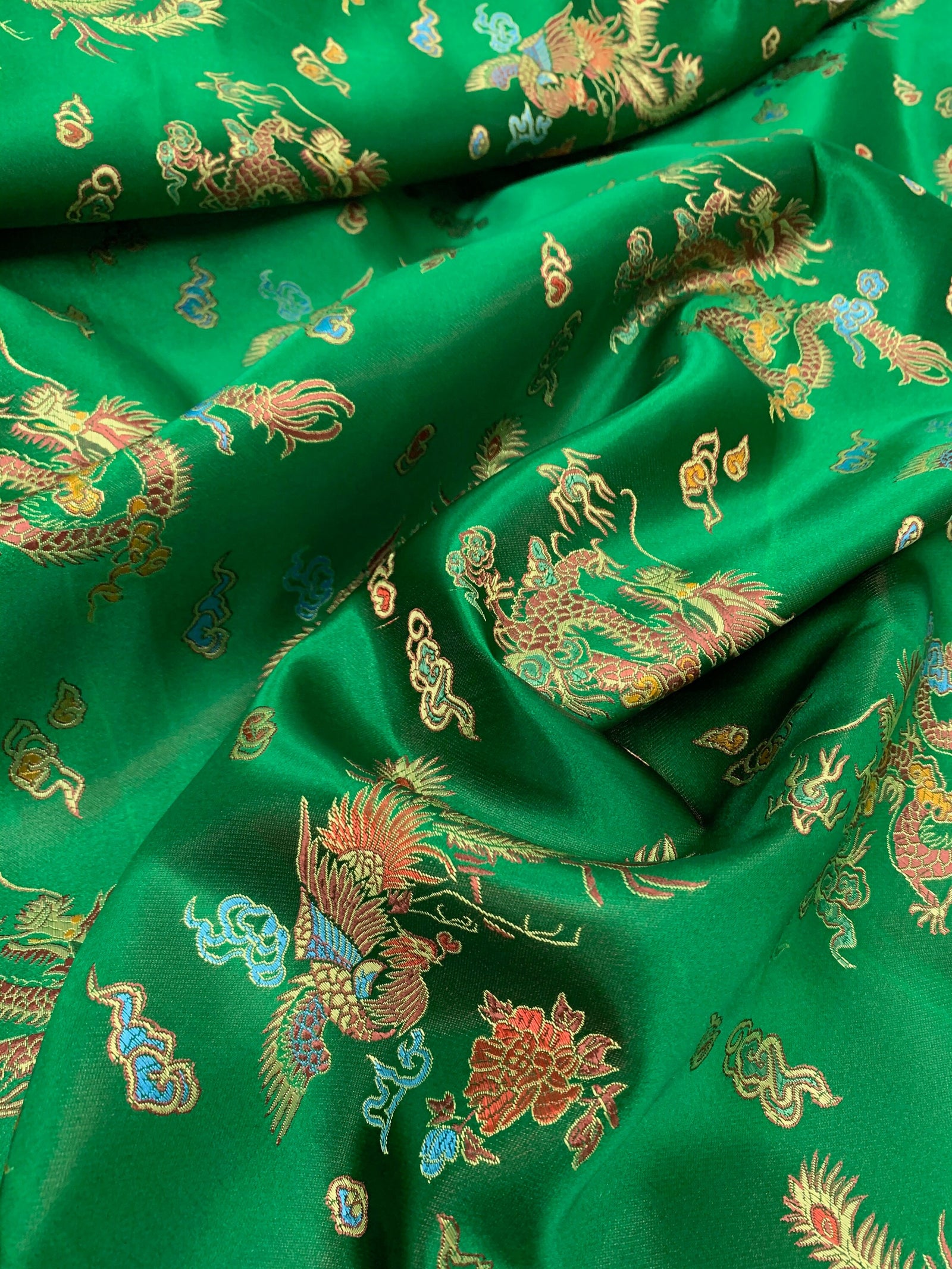 Hope GREEN Dragon Brocade Chinese Satin Fabric by the Yard - 10040