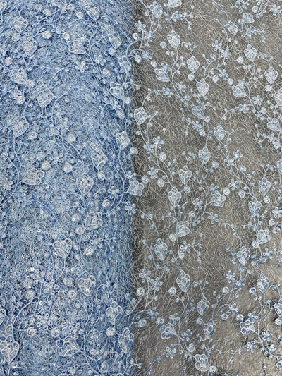 Braelyn BABY BLUE Polyester Floral Embroidery with Sequins on Web Mesh Lace Fabric by the Yard for Gown, Wedding, Bridesmaid, Prom - 10166