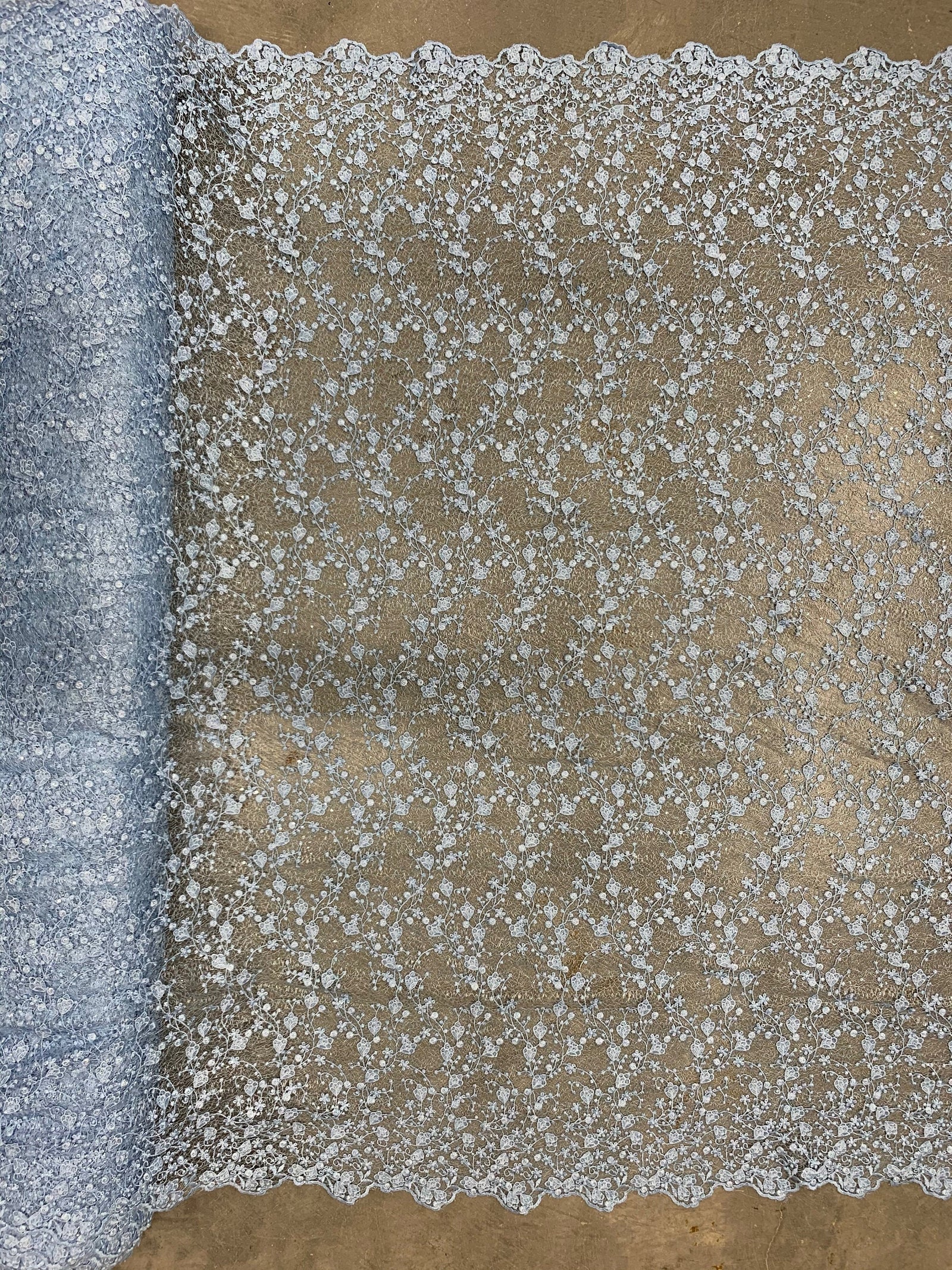 Braelyn BABY BLUE Polyester Floral Embroidery with Sequins on Web Mesh Lace Fabric by the Yard for Gown, Wedding, Bridesmaid, Prom - 10166