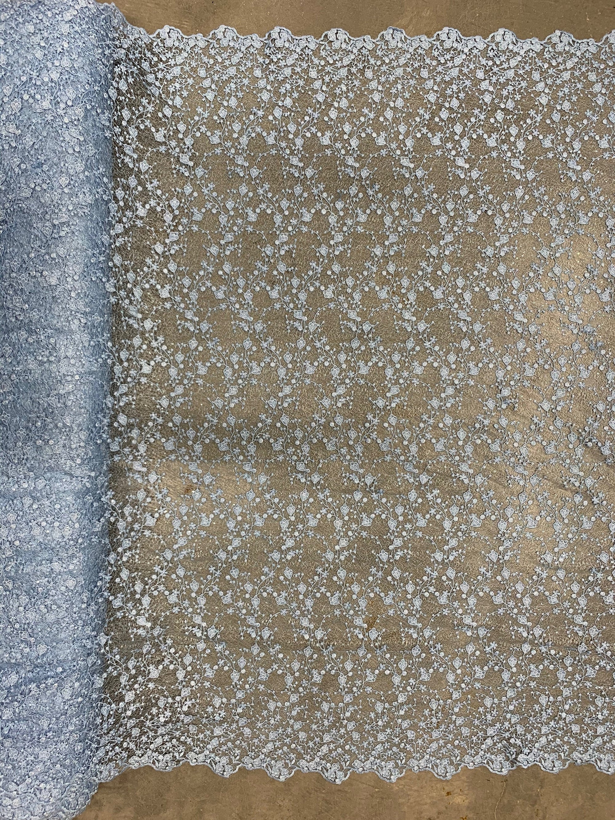 Braelyn BABY BLUE Polyester Floral Embroidery with Sequins on Web Mesh Lace Fabric by the Yard for Gown, Wedding, Bridesmaid, Prom - 10166