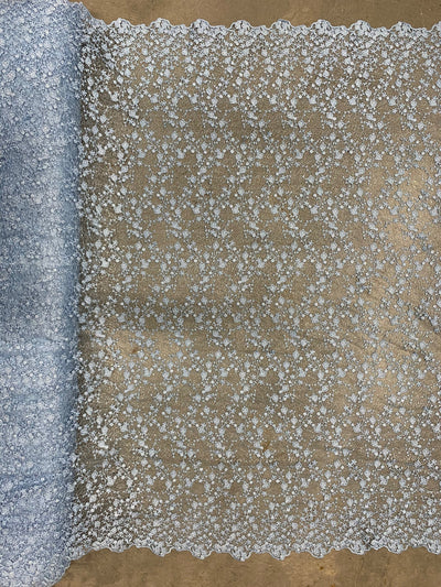 Braelyn BABY BLUE Polyester Floral Embroidery with Sequins on Web Mesh Lace Fabric by the Yard for Gown, Wedding, Bridesmaid, Prom - 10166