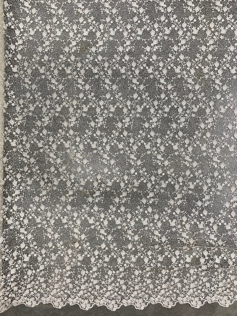 Braelyn IVORY Polyester Floral Embroidery with Sequins on Web Mesh Lace Fabric by the Yard for Gown, Wedding, Bridesmaid, Prom - 10166