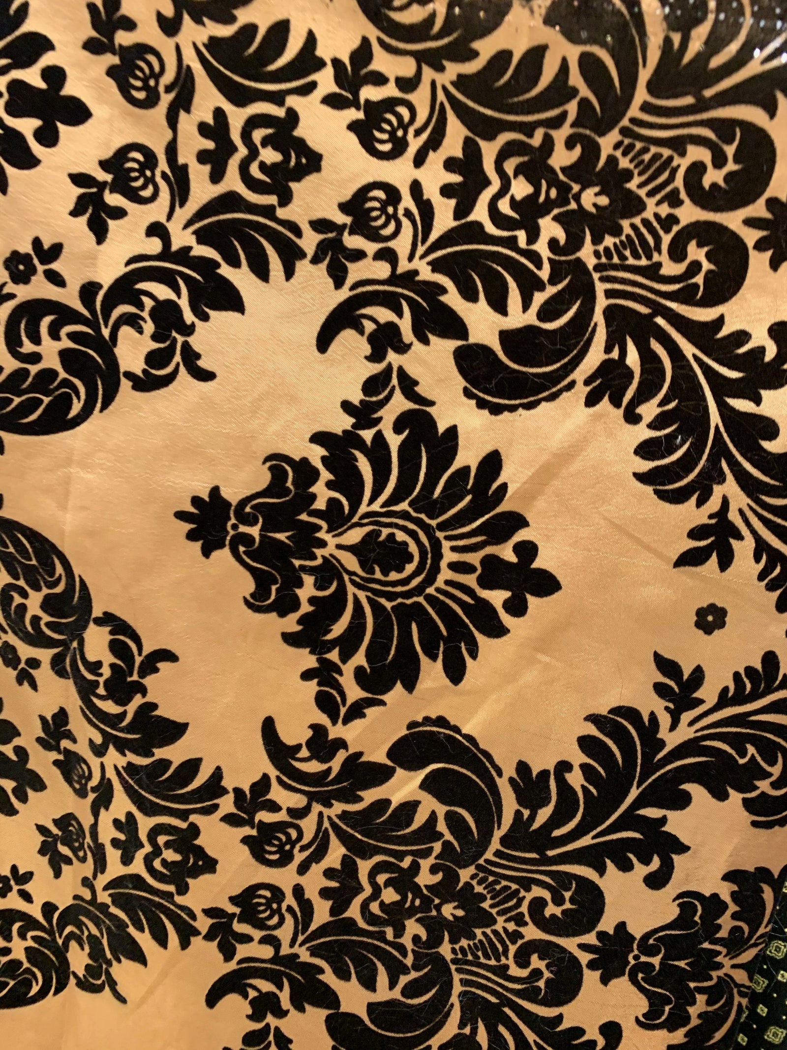 Amanda CHAMPAGNE BEIGE Taffeta with Black Velvet Flocked Damask Fabric by the Yard - 10078