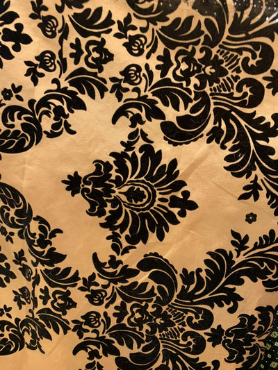 Amanda CHAMPAGNE BEIGE Taffeta with Black Velvet Flocked Damask Fabric by the Yard - 10078