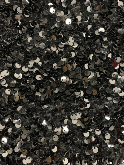 Stephanie BLACK Overlap Sequins on BLACK Stretch Velvet Fabric by the Yard for Gowns, Apparel, Costumes, Crafts - 10185