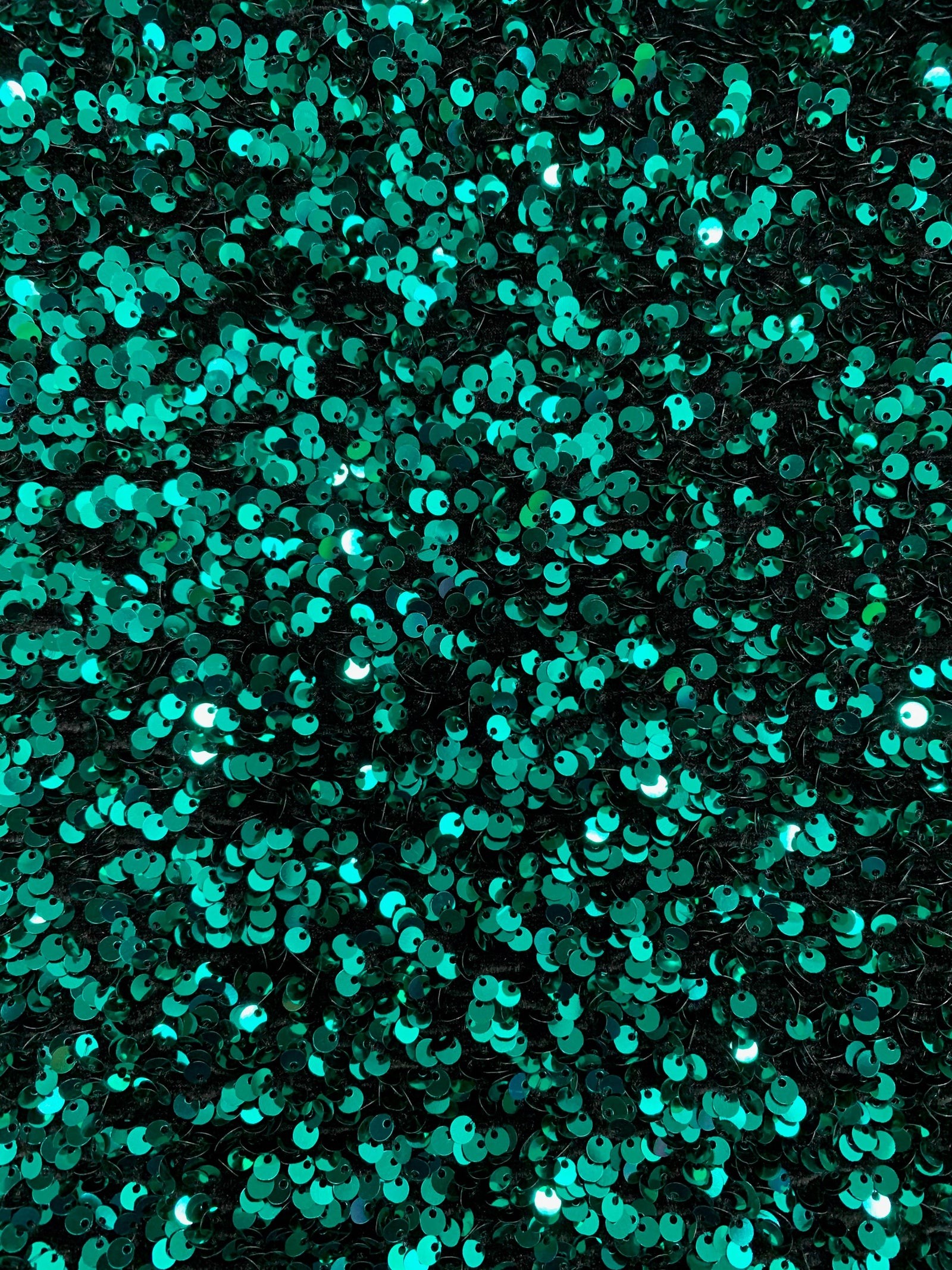 Stephanie TEAL GREEN Overlap Sequins on BLACK Stretch Velvet Fabric by the Yard for Gowns, Apparel, Costumes, Crafts - 10185